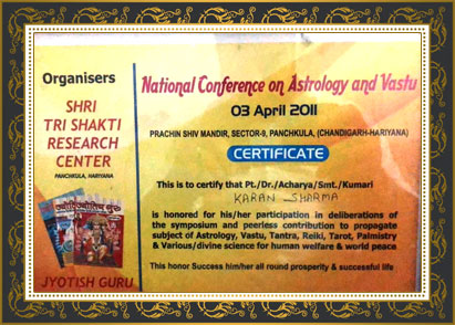 Honoured by National Conference on Astrology and Vastu