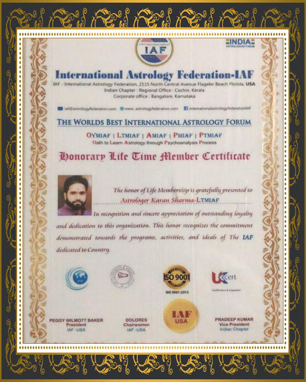 Life Time Membership Certificate by International Astrology Federation